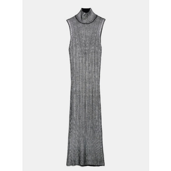 Zara - Silver Metallic Knit Bodycon Dress - Size S - Picture 5 of 14